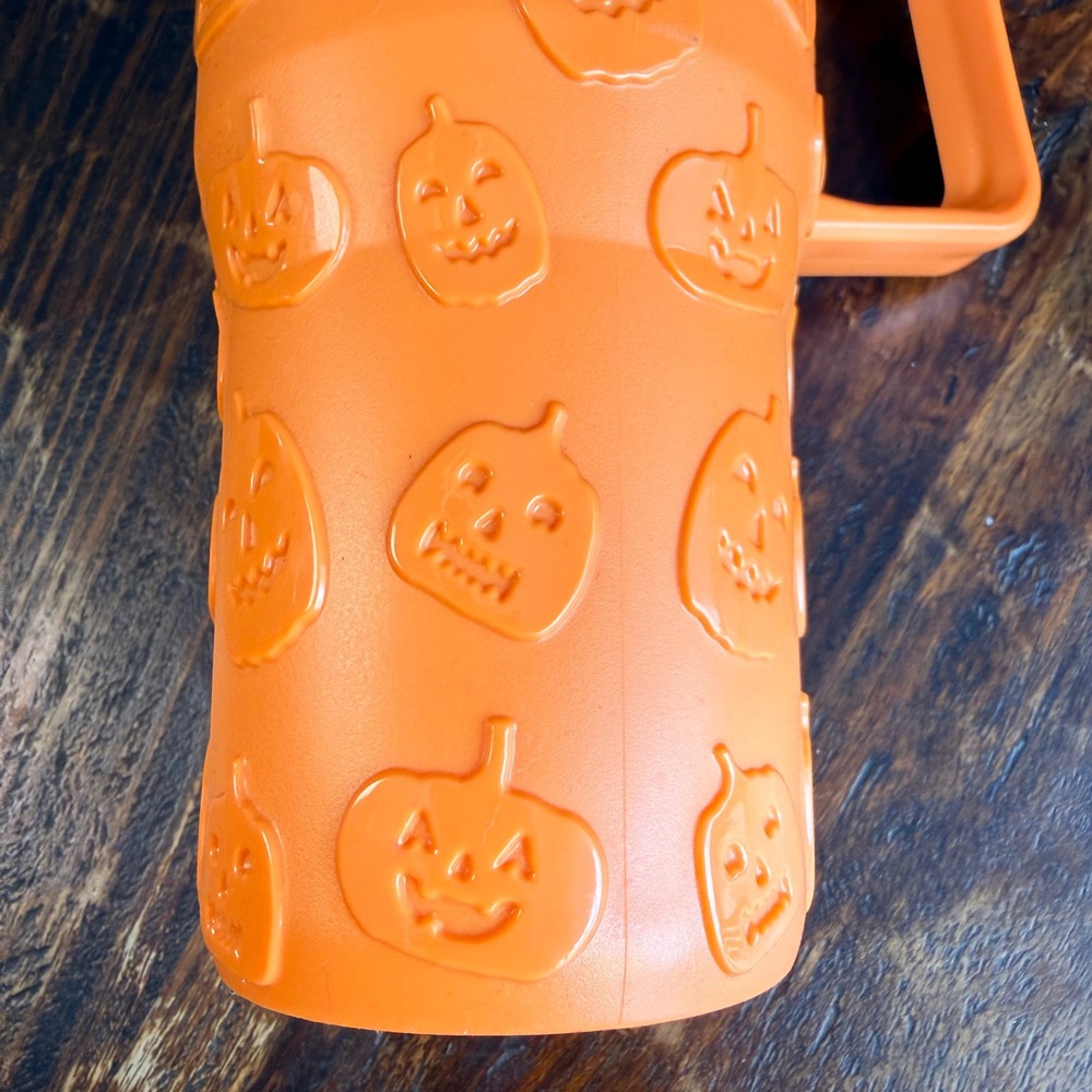 Orange Halloween Jack-O-Lantern Pumpkin Embossed Tumbler Handle and Straw NEW - Picture 4 of 6